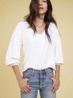 Nation Ltd Poppy Gathered Sleeve Tee, White, M